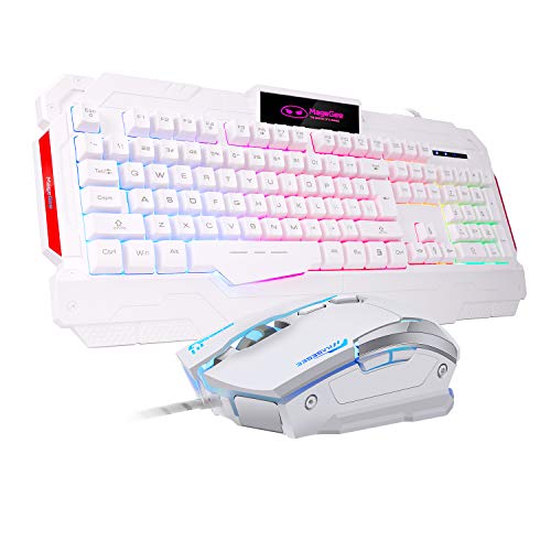 PC Gaming Keyboard and Mouse Combo, GK806 LED Rainbow Backlit USB Keyboard and Mouse Set, G7 Gaming Mouse and Keyboard 104 Key Computer PC Gaming Keyboard with Wrist Rest-White