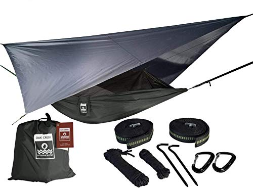 Oak Creek Camping Hammock and Accessories. Complete Package Includes Mosquito Net, Rain Fly, Tree Straps and Portable Lightweight Compression Sack. Weighs Only 4 Pounds. (Carbon Gray)
