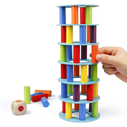 Coogam Wooden Tower Stacking Game, Fine Motor Skill Building Blocks with Dice Toppling Leaning Tower Toy Montessori Family Party Games for Kids and Adults