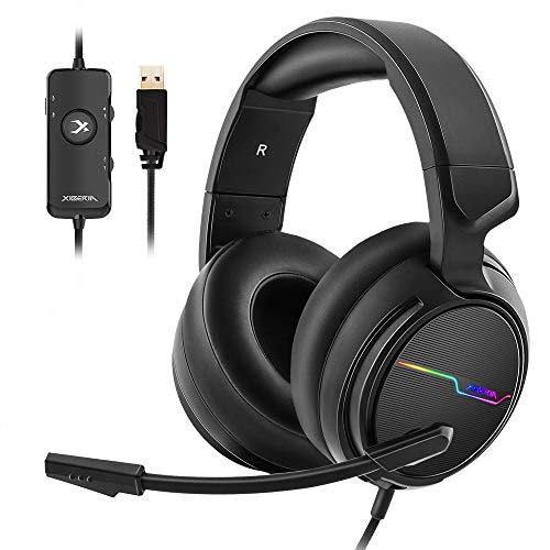 Jeecoo Xiberia USB Pro Gaming Headset for PC- 7.1 Surround Sound Headphones with Noise Cancelling Mic- Memory Foam Ear Pads RGB Lights for Laptops