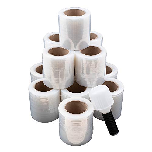 Case Set 12 Rolls 5' x 1000' Clear Stretch Film Shrink Wrap 80 Gauge w/ 1 Handle for Office Warehouse Shipping Storage Retail Home