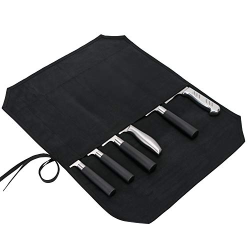 Chef’s Knife Roll Case, Waxed Canvas Cutlery Knives Holders Protectors, Home Kitchen Cooking Tools And Utensils Wrap Bag Wallet, Multi-Purpose Brush Roll Bag, Travel Tool Roll Pouch (Black)