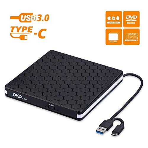 External DVD Drive, Amicool USB 3.0 Type-C CD DVD +/-RW Optical Drive USB C Burner Slim CD/DVD ROM Rewriter Writer Reader Portable for PC Laptop Desktop MacBook Mac Windows 7/8.1/10 Linux OS Apple