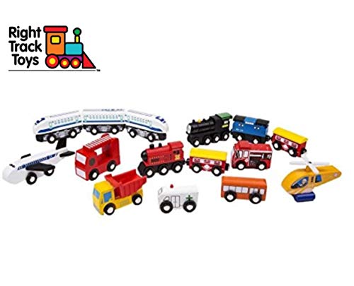 Wooden Train Car Set - 15 Unique Magnetic Vehicles And Engines - Add Variety To Your Set With Ambulance, Helicopter, Dump Truck and More - Compatible With Thomas, BRIO, All Major Brands