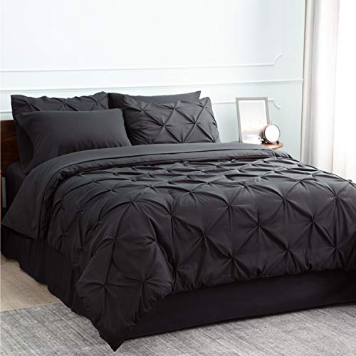 Bedsure Comforter Set Full/Queen Bed in A Bag Black 8 Pieces - 1 Pinch Pleat Comforter(88X88 inches), 2 Pillow Shams, Flat Sheet, Fitted Sheet, Bed Skirt, 2 Pillowcases