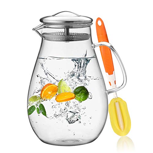 Hiware 64 Ounces Glass Pitcher with Stainless Steel Lid / Water Carafe with Handle - Good Beverage Pitcher for Homemade Juice & Iced Tea, Cleaning Brush Included