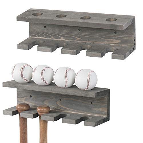 MyGift Wall Mounted Gray Wood Baseball Bat Rack & Ball Storage Shelf, Set of 2