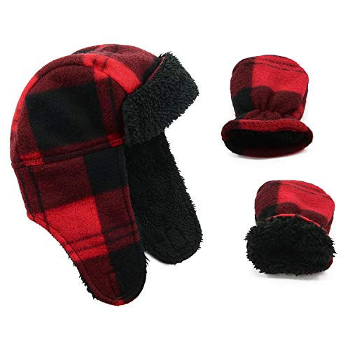 Zando Baby Boy Sherpa Lined Warm Fleece Pilot Hat Infant Toddler Winter Hat Mitten Set Red Black Check M (1-2T)