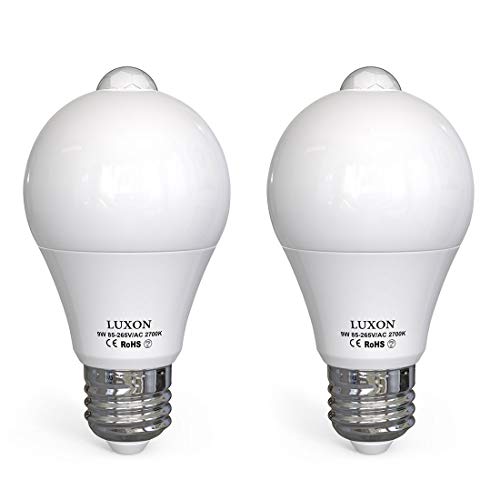 Motion Sensor Light Bulb Dusk to Dawn Built-in PIR Motion Detector Bulbs 9W 2700K Warm White Auto On/Off E26 Base for Stair Porch Garage 2-Pack by LUXON