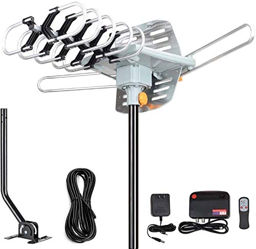 Outdoor Amplified Digital HDTV Antenna - 150 Mile Motorized 360 Degree Rotation- Amplified HD TV Antenna for 2 TVs Support UHF/VHF 4K 1080P with Mounting Pole & 33 ft RG6 Coax Cable