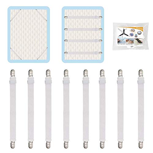 8Pcs Adjustable Bed Sheet Straps Clips, Elastic Mattress Sheet Fasteners Holder and Suspenders, Grippers to Hold Sheet, Mattress, Sofa, Couch, Table Cloth, Recliner Ironing Board Cover and More