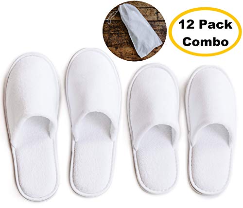 MODLUX Spa Slippers - 12 Pairs of Closed Toe Cotton Velvet Hotel/Spa Slippers with Drawstring Bags – 6 pairs of Medium 6 pairs of Large - Thick, Soft, Non-Slip - Perfect for Home or Hotel