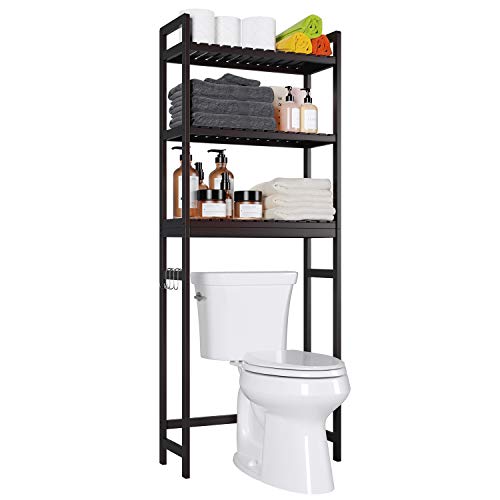 Homfa Bamboo Over-The-Toilet Storage Rack, 3-Tier Bathroom Freestanding Shelf with 6 Hooks Plant Stand Multipurpose Organizer Space Saver for Laundry, Balcony, 24.4”L X 10.24”W X 64.17”H (Brown)