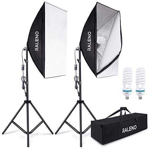 RALENO 800W Softbox Photography Lighting Kit 2X20X28 inch Professional Photography Continuous Lighting Equipment with 2 x E27 Socket 5500K Bulbs for Portraits and Product Shooting