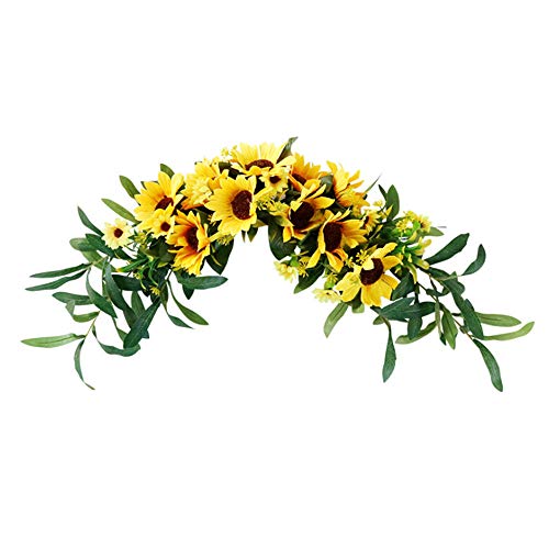 Yugust Artificial Sunflower Swag,23inch Spring Decorative Floral Swag Wreath with Green Leaves Twig, Hanging Arch Garland for Wedding Wall Door Decoration