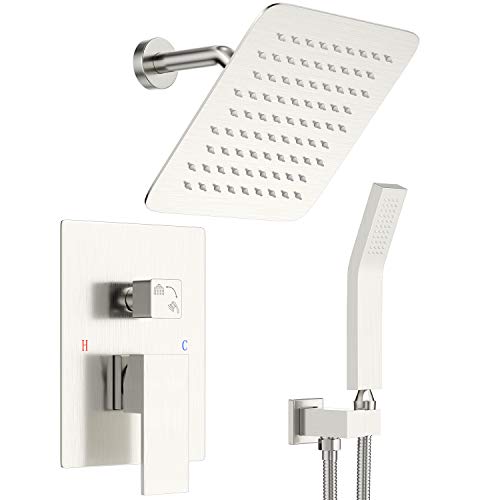 Shower System Wall Mounted Shower Faucet Set, Brushed Nickel Shower Mixer Combo with 8 Inches High Pressure Rainfall Shower Head and Hand Held Showerhead