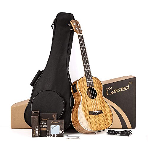 Caramel 26 inch CT103 Zebra Wood High Gloss Tenor Electric Ukulele Professional Ukelele Kit Beginner Guitar Starter Bundle Strings, Padded Gig Bag, Strap and Wall mount Set