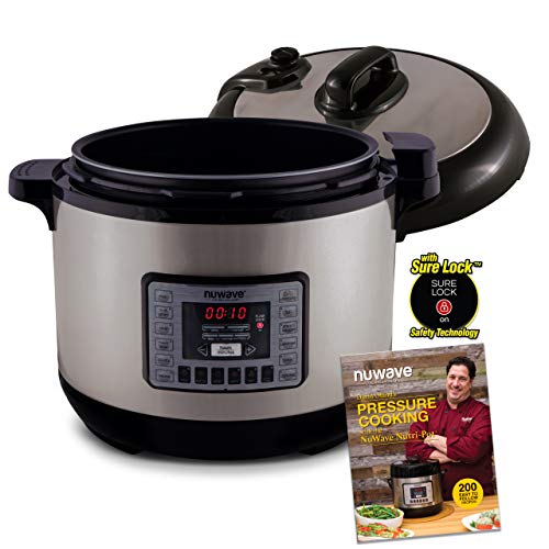 NUWAVE NUTRI-POT 13-Quart DIGITAL PRESSURE COOKER with Sure-Lock Safety System; Dishwasher-Safe Non-Stick Inner Pot; Glass Lid for Slow Cooking; Cooking Rack, 11 Pre-Programmed Presets; Detachable Pressure Pot Lid for Easy Cleaning; and Chef Tested 200 Recipe Pressure Cooking Cookbook.