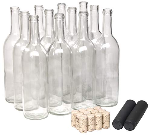 North Mountain Supply 750ml Glass Bordeaux Wine Bottle Flat-Bottomed Cork Finish - with #8 Premium Natural Corks & PVC Shrink Capsules - Case of 12 (Clear Bottles with Black Capsules)