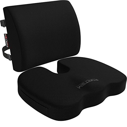 Fortem Seat Cushion & Lumbar Support for Office Chair, Car, Wheelchair, Memory Foam Pillow, Washable Covers (Black)
