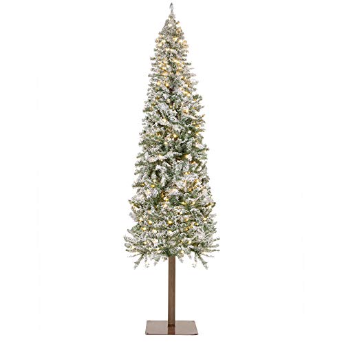 Best Choice Products 6ft Pre-Lit Snow Flocked Hinged Artificial Alpine Slim Pencil Christmas Tree Holiday Decoration w/ 250 LED Lights, 700 Tips, Metal Stand