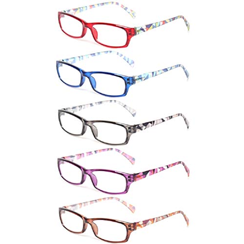 Reading Glasses 5 Pairs Fashion Ladies Readers Spring Hinge with Pattern Print Eyeglasses for Women (5 Pack Mix Color, 2.5)