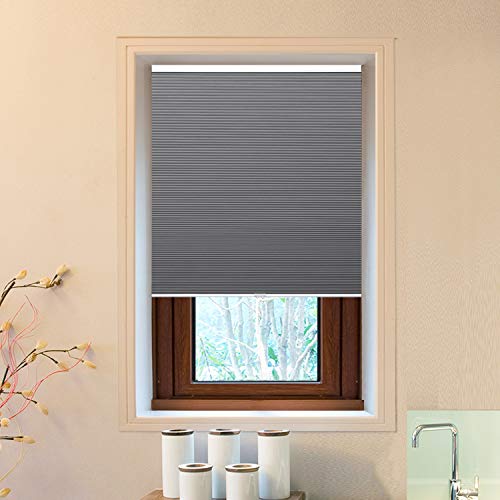 Allesin Cellular Honeycomb Blinds White Dark Gray Blackout 34' W x 64' H Single Cell Pleated Shades Cordless Room Darkening Inside & Outside Mount for Windows