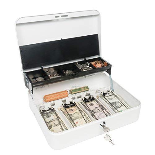 Certus Global Large White Cash Box with Money Tray, Secure Lock, Cantilever Coin Tray 4 Bills/ 5 Coins (Crisp White)