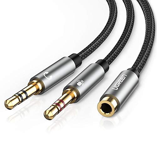 UGREEN Headphone Splitter for Computer 3.5mm Female to 2 Dual 3.5mm Male Headphone Mic Audio Y Splitter Cable Smartphone Headset to PC Adapter (Black)