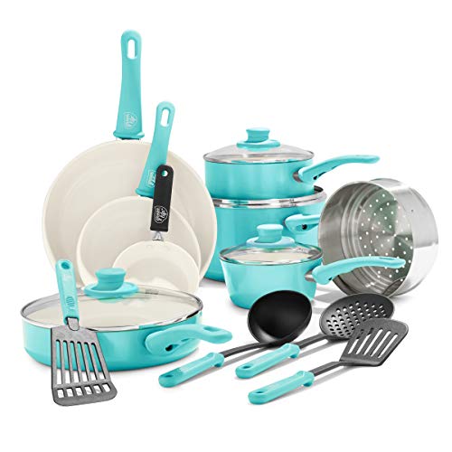 GreenLife Soft Grip Healthy Ceramic Nonstick, Cookware Pots and Pans Set, 16 Piece, Turquoise