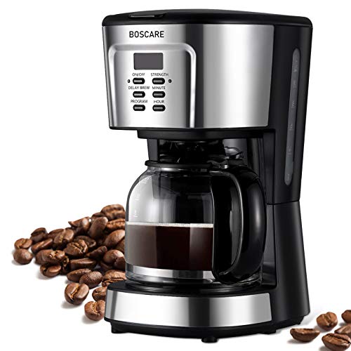 BOSCARE programmable coffee maker,2-12 Cup Drip Coffee maker, Mini Coffee Machine with Auto Shut-off,Strength Control,Silver Black