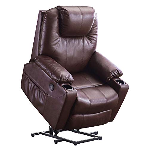 Mcombo Electric Power Lift Recliner Chair Sofa with Massage and Heat for Elderly, 3 Positions, 2 Side Pockets and Cup Holders, USB Ports, Faux Leather 7040 (Medium, Dark Brown)