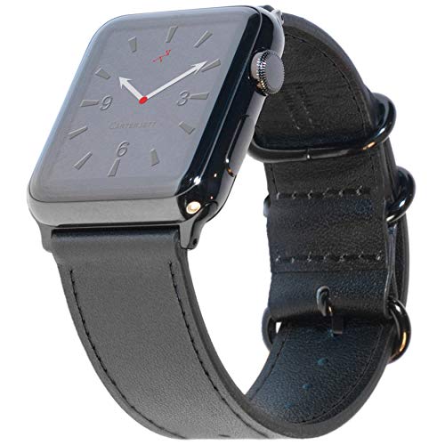 Carterjett XL / XXL Compatible with Apple Watch Band 42mm 44mm Black Genuine Leather iWatch Band Military-Style Replacement Strap Extra Long X- Large Wrists for Series 5 4 3 2 1 (42 44 XL/XXL Black)