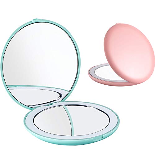 2 Pieces LED Light Compact Mirror Handheld Travel Makeup Mirror 1X/10X Magnifying Mirror Handhold Lighted Mirror for Purse, Pocket, Travel Beauty Needs, Pink and Blue