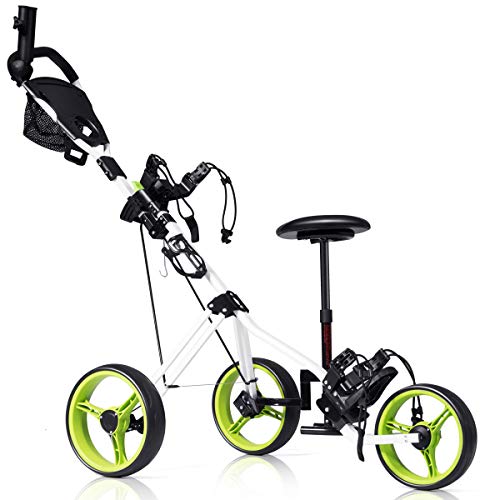 Tangkula Golf Push Cart, Foldable 3 Wheels Push Pull Cart, Lockable Golf Trolley with Seat Scoreboard Bag,Golf Push Cart (Green)