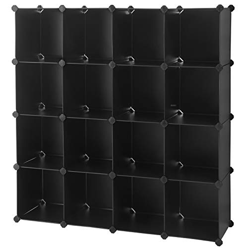 SONGMICS Cube Storage Organizer, 16-Cube Book Shelf, DIY Plastic Closet Cabinet, Modular Bookcase, Storage Shelving for Bedroom, Living Room, Office, 48.4 x 12.2 x 48.4 Inches, Black ULPC44BK