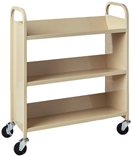 Safco Products Single-Sided Book Cart Sand, Heavy Duty, Swivel Wheels, 3 Slanted Shelves