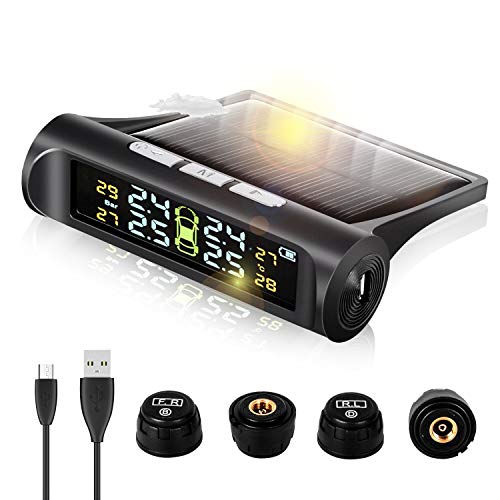 Zmoon TPMS Car Tire Pressure Monitoring System with Solar Power Universal Wireless LCD Display and 4 External Sensors Real-time Display 4 Tires' Pressure & Temperature