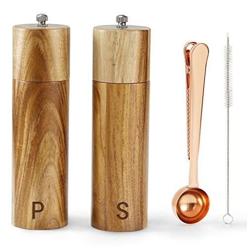 Wooden Salt and Pepper Grinder Set - Acacia Wood Pepper Mill & Salt Grinder with Adjustable Coarseness - Adding Rose Gold Spoon and Cleaner Tool - Perfect Salt and Pepper Shakers Gift (8' Acacia)