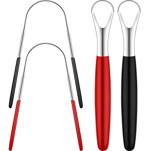 4 Pieces Tongue Cleaners Stainless Steel Tongue Scrapers Oral Tongue Brushes (U and Straight Shape)