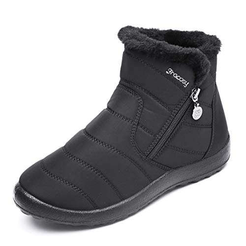 gracosy Warm Snow Boots, Women's Winter Ankle Bootie Anti-Slip Fur Lined Ankle Short Boots Waterproof Slip On Outdoor Shoes Black 8 M US