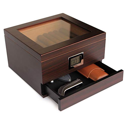 Glass Top Handcrafted Cedar Humidor with Front Digital Hygrometer, Humidifier Gel, and Accessory Drawer - Holds (25-50 Cigars) by Case Elegance