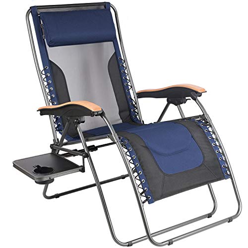 PORTAL Oversized Mesh Back Zero Gravity Recliner Chair, XL Padded Seat Adjustable Patio Lounge Chair with Lumbar Support Pillow and Side Table Support 350lbs (Dark Blue)