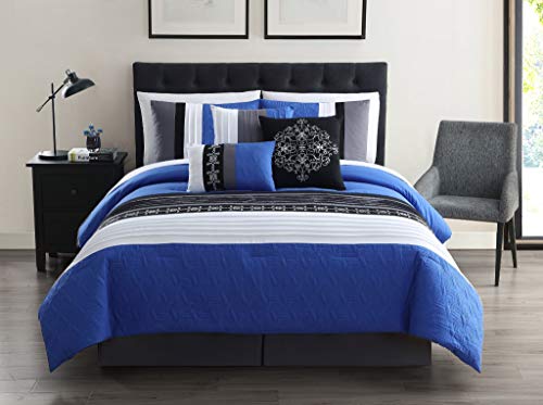 Chezmoi Collection Albany 7-Piece Embossed Comforter Set - Pleated Stripe Geometric Quilted Embroidery - Queen, Blue/Black/White/Gray