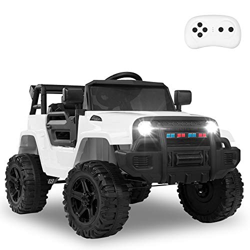 JOYMOR Ride on Truck with Remote Control, 4 Wheels 12V Battery Powered Kids Car, with LED Headlight/Horn Button/ MP3 Player/USB Port/ Forward Backward/Kids Girl Boy (White)