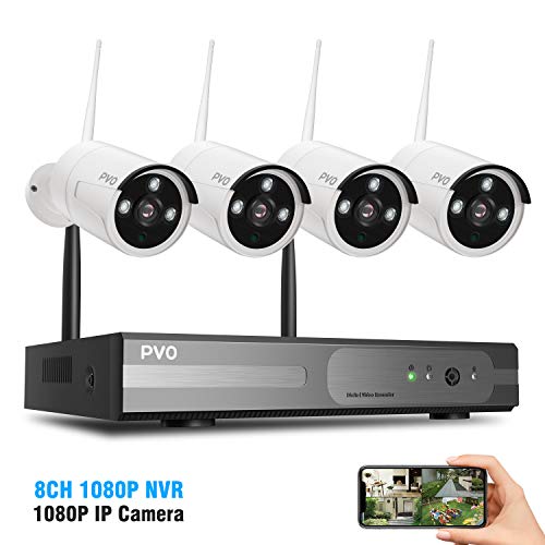 PVO Surveillance NVR Kits, 8 Channel Home Security Camera System 4PCS 1080P WiFi Security Camera Outdoor Built-in Repeater with IP66 Waterproof, Night Vision, Motion Alert, Remote Views, No Hard Disk
