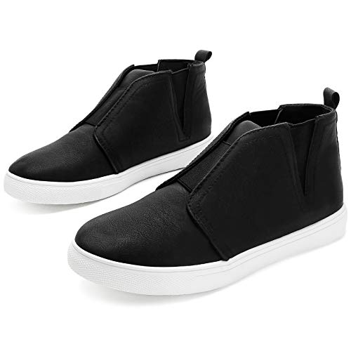 ZGR Women's High Top Fashion PU Sneakers Slip-on Ankle Booties(Black,US8)