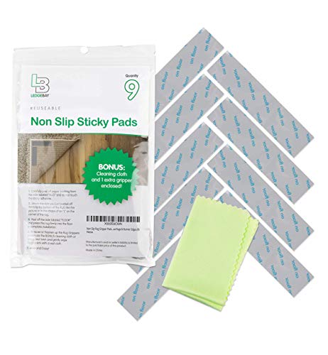 Non Slip Rug Gripper Pads: 9 Reusable Corner Carpet Tape Grippers - Adhesive No Skid Anti Slip Pad Hardwood Laminate Floors - Sticky Nonslip Grip Anchors Never Curl Area Rugs & Runner Edges (9)