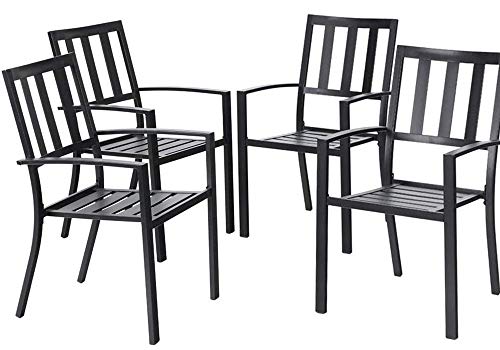 EMERIT Patio Wrought Metal Indoor Outdoor Stackable Dining Arm Chairs Set of 4,Black