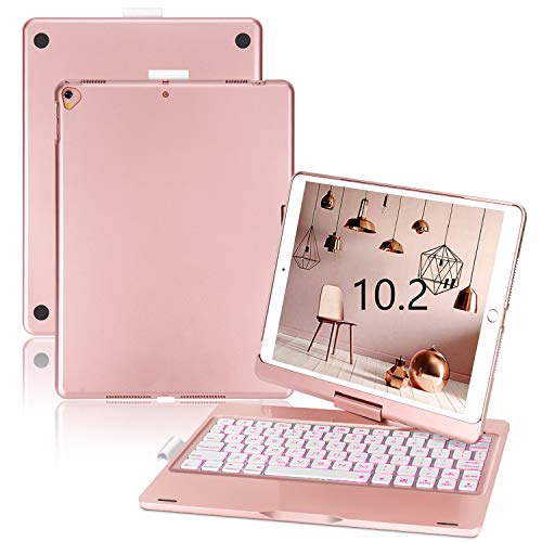 ONHI 360 Rotatable 7 Colors Back-lit Wireless Keyboard Case for iPad 8th Gen (10.2', 2020),iPad 7th Gen, Air 3, Pro 10.5,F102AS (Rose Gold)